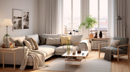 Contemporary Interior Design Background. Scandinavian Living Room. Generative AI