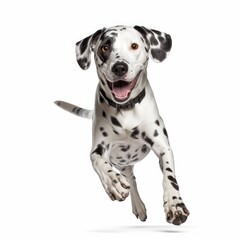 Jumping Dalmatian Dog. Isolated on Caucasian, White Background. Generative AI.
