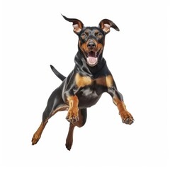 Jumping Doberman Pinscher Dog. Isolated on Caucasian, White Background. Generative AI.