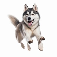 Fototapeta premium Jumping Siberian Husky Dog. Isolated on Caucasian, White Background. Generative AI.