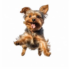 Jumping Yorkshire Terrier Dog. Isolated on Caucasian, White Background. Generative AI.