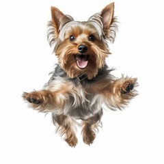 Jumping Yorkshire Terrier Dog. Isolated on Caucasian, White Background. Generative AI.
