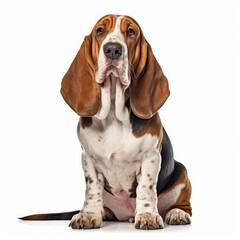 Sitting Basset Hound Dog. Isolated on Caucasian, White Background. Generative AI.
