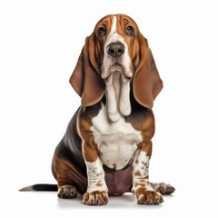 Sitting Basset Hound Dog. Isolated on Caucasian, White Background. Generative AI.