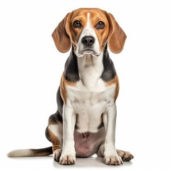 Sitting Beagle Dog. Isolated on Caucasian, White Background. Generative AI.