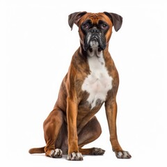 Sitting Boxer Dog. Isolated on Caucasian, White Background. Generative AI.