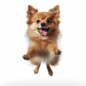 Jumping Pomeranian Dog. Isolated on Caucasian, White Background. Generative AI.