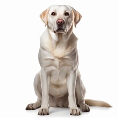 Sitting Labrador Retriever Dog. Isolated on Caucasian, White Background. Generative AI.