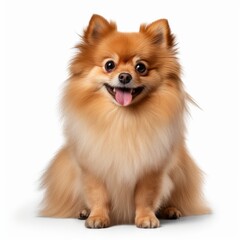 Obraz premium Sitting Pomeranian Dog. Isolated on Caucasian, White Background. Generative AI.