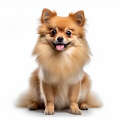 Sitting Pomeranian Dog. Isolated on Caucasian, White Background. Generative AI.
