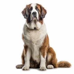 Sitting Saint Bernard Dog. Isolated on Caucasian, White Background. Generative AI.