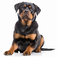 Obraz premium Sitting Rottweiler Dog. Isolated on Caucasian, White Background. Generative AI.