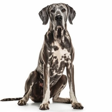 Sitting Great Dane Dog. Isolated on Caucasian, White Background. Generative AI.