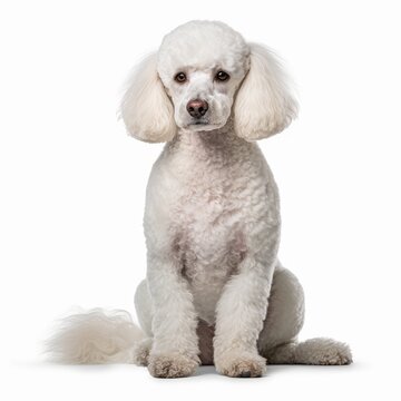 Sitting Poodle Dog. Isolated on Caucasian, White Background. Generative AI.