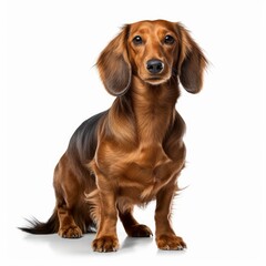 Standing Dachshund Dog. Isolated on Caucasian, White Background. Generative AI.