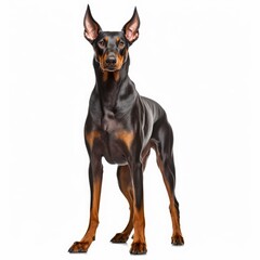 Standing Doberman Pinscher Dog. Isolated on Caucasian, White Background. Generative AI.