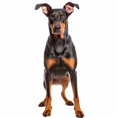 Standing Doberman Pinscher Dog. Isolated on Caucasian, White Background. Generative AI.