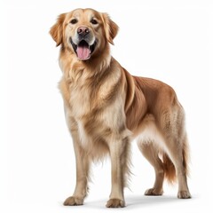 Standing Golden Retriever Dog. Isolated on Caucasian, White Background. Generative AI.