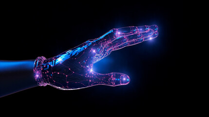Digital hand hologram on dark background with copy space. Neural network connection. Communication with artificial intelligence. Generative AI