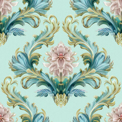 Elegant vintage floral painting seamless pattern. Victorian ornate wallpapers. Rococo, baroque, renaissance style background. Luxury old fashioned ornament. Design created with generative AI tools