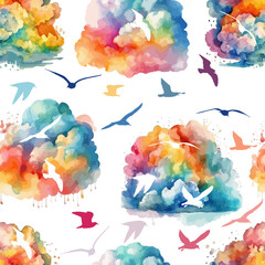 Seamless pattern of watercolor rainbow clouds with birds. Vector illustration