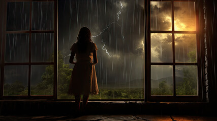 Woman looking at storm through window created with Generative AI technology