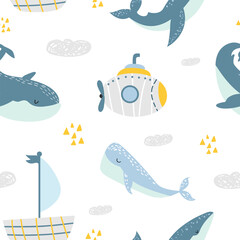 Seamless pattern with ships and whales. Creative children's texture in Scandinavian style. Submarine, sea animals, clouds. Suitable for fabric, textiles, baby clothes. Vector illustration. © Hanna Bykova