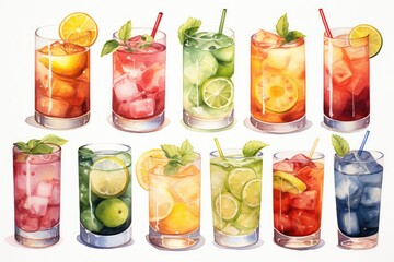 Watercolor illustration of drinks and cocktails collection on white background