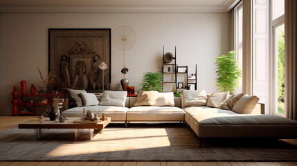 Interior of living room with sofa, modern home. Generative AI