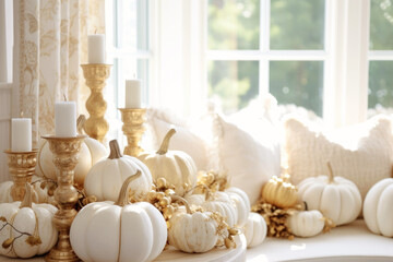 Modern interrior decoration with decorative pumpkins for autumn, thanksgiving, fall, halloween