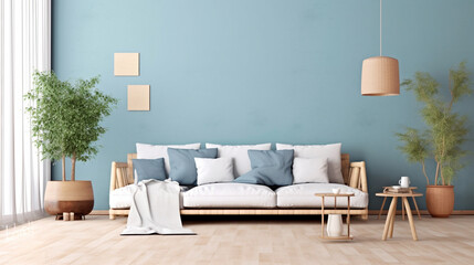 Fototapeta na wymiar Japandi minimalist living room with frame mockup in white and blue tones. sofa, rattan furniture, and wallpaper. design of a farmhouse interior. Generative AI