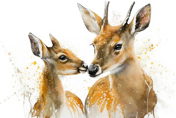 Watercolor Splatter Portrait Painting of Deer Father with Baby. Isolated on White Paper Textured Background