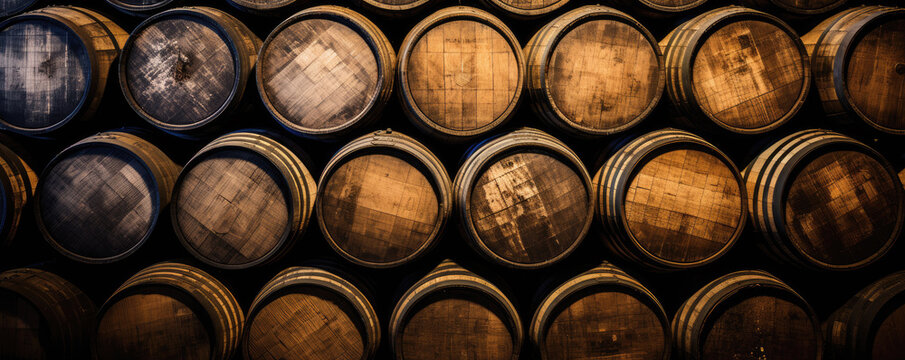 Whiskey, bourbon, scotch barrels in an aging facility. Hand edited, generative AI based.  