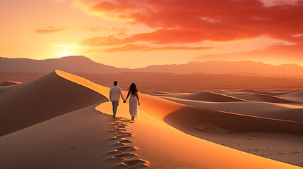 Illustration of Couple walking in the desert at sunset. Conceptual image of love. AI generated Illustration