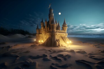 Fototapeta premium sand castle at sunset. generative AI illustration.