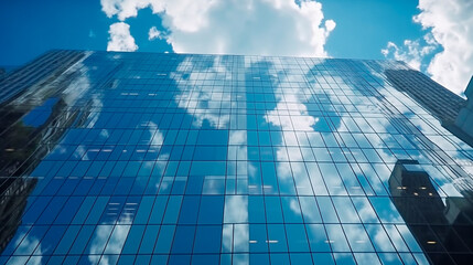 Fototapeta na wymiar Reflective skyscrapers, business office buildings. Low angle photography of glass curtain wall details of high-rise buildings.The window glass reflects the blue sky and white clouds. Generative AI