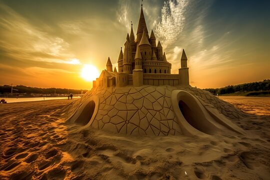 sand castle at sunset. generative AI illustration.