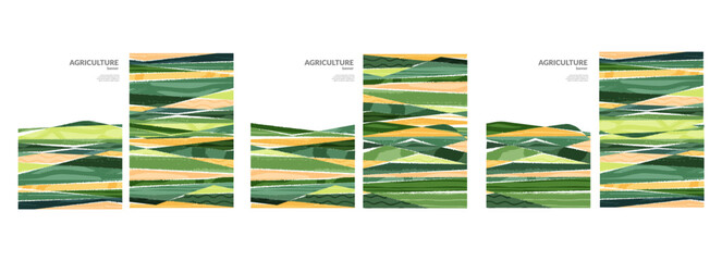 Trendy agriculture field template or farm card background. Nature or hill pattern layout, spring countryside poster, ecology flayer. Summer nature backdrop, organic design set. Abstract eco mountain