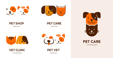 Modern style pets logos, icons. Dog, cat illustrations and symbols