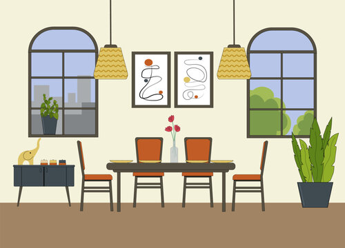Cozy dining room illustration. A room with a table and chairs, two windows, paintings on the wall, a chandelier cabinet with figurines and candles. Vector. For the design of flyers, brochures and