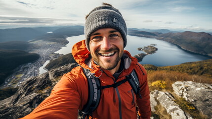 Illustration of Young hiker man taking selfie portrait on the top of mountain. AI generated Illustration