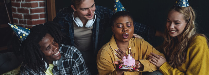 Group of diverse friends, young cheerful men and women, college university international students celebrating birthday anniversary looking happy, smiling. Multi cultural have fun banner