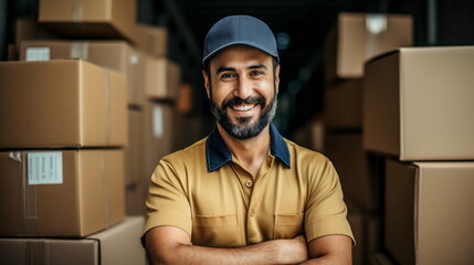 Illustration of a smiling delivery man with arms crossed in a warehouse. AI generated Illustration
