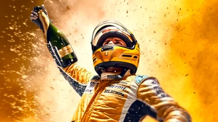 Gordijnen Race car driver celebrating the win, racing driver celebrating with champagne spray, gran prix. Generative AI © Aram