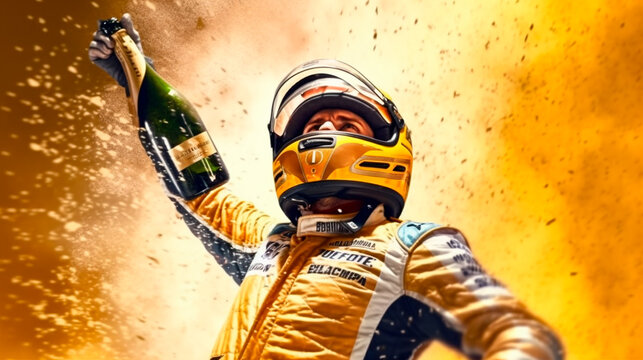 Race car driver celebrating the win, racing driver celebrating with champagne spray, gran prix. Generative AI