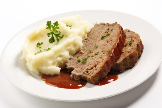 Delicious Plate of Meatloaf and Mashed Potatoes Isolated on a White Background 