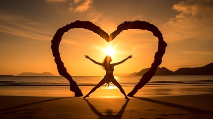Illustration of Silhouette of woman with heart shape at the beach during sunset. AI generated Illustration