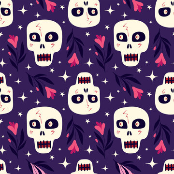 Purple Halloween pattern with mystical Gothic skulls.