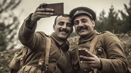 Two soldiers from the vintage military World War II. Smiling men selfie in the foxhole. - obrazy, fototapety, plakaty