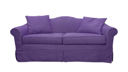 Purple sofa with two pillows isolated on white, transparent background, PNG. Classic english style two seater cushion couch with upholstery cover, front view